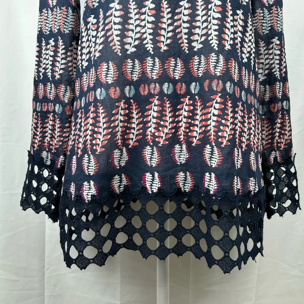 Tory Burch Fern Tunic Top Size 4 Navy Blue Crochet Cotton